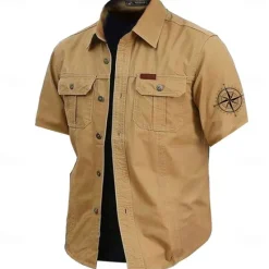 OUKU Men's Nautical Compass Work Shirt Western Shirt Cargo Shirt Short Sleeve Casual Tactical Sports Outdoor WorkWear Summer Spring Turndown Front Two Pockets Cotton Button Up Shirts Army Green Khaki Dark