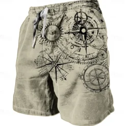 Best OUKU Men's Nautical Graphic Prints Compass Sweat Shorts Beach Shorts Terry Shorts Mid Waist Retro Vintage Casual Daily Holiday Streetwear Drawstring Elastic Waist 3D Print Designer Clothing Apparel