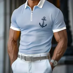 Outlet OUKU Men's Nautical Hawaiian Polo Shirts Golf Shirt Short Sleeve Polo Shirts Collared Shirts Casual Beach Wear Vacation Wear Tropical Wear Party Outfits 3D Print Quarter Zip Polo Spring & Summer Blue