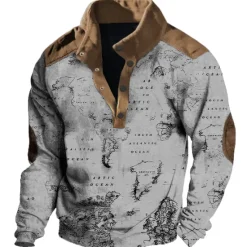 Best OUKU Men's Nautical Map Graphic Prints Sweatshirts Sweatshirt Pullover Long Sleeve Sweatshirt Stand Collar Daily Casual Vintage Retro 3D Print Vacation Going out Streetwear Buttons Spring & Fall