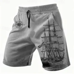 New OUKU Men's Nautical Sailboat Shorts Summer Shorts Casual Shorts Mid Waist Streetwear Hawaiian Retro Vintage Casual Daily Holiday Pocket Drawstring Elastic Waist Designer Clothing Apparel