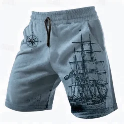 New OUKU Men's Nautical Sailboat Shorts Summer Shorts Casual Shorts Mid Waist Streetwear Hawaiian Retro Vintage Casual Daily Holiday Pocket Drawstring Elastic Waist Designer Clothing Apparel