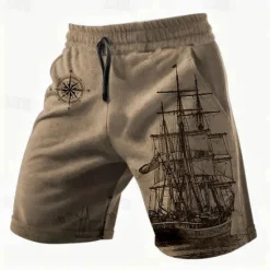 New OUKU Men's Nautical Sailboat Shorts Summer Shorts Casual Shorts Mid Waist Streetwear Hawaiian Retro Vintage Casual Daily Holiday Pocket Drawstring Elastic Waist Designer Clothing Apparel