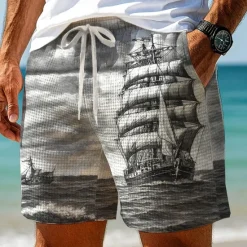 Clearance OUKU Men's Nautical Sailboat Waffle Shorts Sweat Shorts Casual Shorts Mid Waist Retro Vintage Vacation Jogging Workout Elastic Drawstring Waist Shorts with Pockets Designer Clothing Apparel