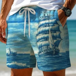 Clearance OUKU Men's Nautical Sailboat Waffle Shorts Sweat Shorts Casual Shorts Mid Waist Retro Vintage Vacation Jogging Workout Elastic Drawstring Waist Shorts with Pockets Designer Clothing Apparel