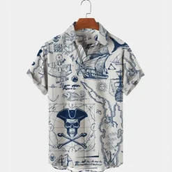 Hot OUKU Men's Nautical Shirt Button Up Shirt Short Sleeve Vintage Fashion Designer Outdoor Casual Holiday Summer Spring Turndown Print Button-Down White Yellow Light Green Pink Black / Brown