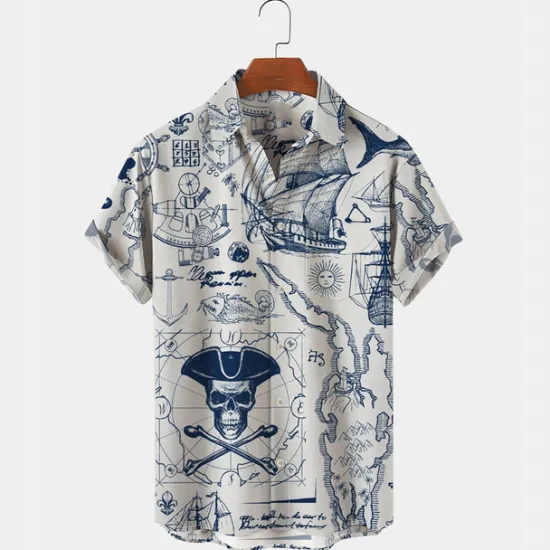 Hot OUKU Men's Nautical Shirt Button Up Shirt Short Sleeve Vintage Fashion Designer Outdoor Casual Holiday Summer Spring Turndown Print Button-Down White Yellow Light Green Pink Black / Brown