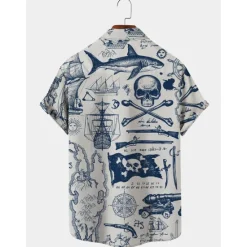 Hot OUKU Men's Nautical Shirt Button Up Shirt Short Sleeve Vintage Fashion Designer Outdoor Casual Holiday Summer Spring Turndown Print Button-Down White Yellow Light Green Pink Black / Brown