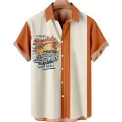 Hot OUKU Men's Nautical Shirt Button Up Shirt Short Sleeve Vintage Fashion Designer Outdoor Casual Holiday Summer Spring Turndown Print Button-Down White Yellow Light Green Pink Black / Brown