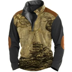 Hot OUKU Men's Nautical Sweatshirts Quarter Zip Sweatshirt Long Sleeve Sweatshirt Quarter Zip Vintage Retro 3D Print Hunting Travel Streetwear Print Spring & Fall