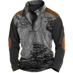 Hot OUKU Men's Nautical Sweatshirts Quarter Zip Sweatshirt Long Sleeve Sweatshirt Quarter Zip Vintage Retro 3D Print Hunting Travel Streetwear Print Spring & Fall