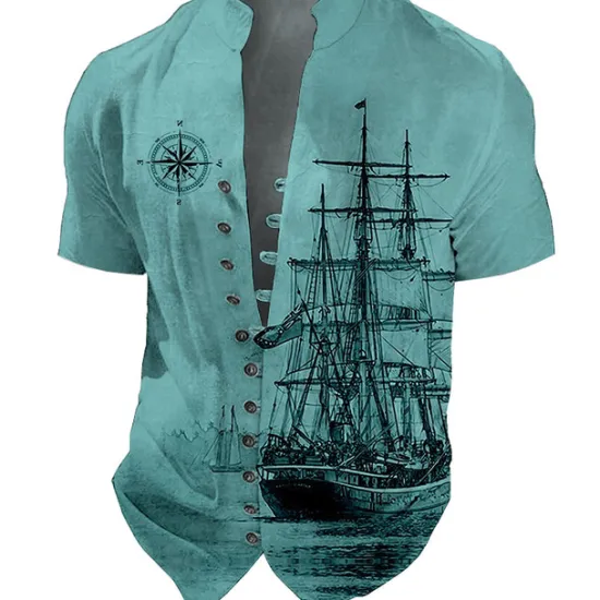 Hot OUKU Men's Nautical Vintage Sailboat Shirt Button Up Shirt Short Sleeve Fashion Streetwear Designer Outdoor Vacation Daily Summer Spring Stand Collar Print Blue-Green Black Blue Green Khaki