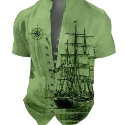 Hot OUKU Men's Nautical Vintage Sailboat Shirt Button Up Shirt Short Sleeve Fashion Streetwear Designer Outdoor Vacation Daily Summer Spring Stand Collar Print Blue-Green Black Blue Green Khaki