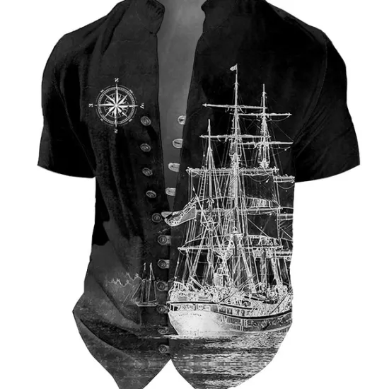 Hot OUKU Men's Nautical Vintage Sailboat Shirt Button Up Shirt Short Sleeve Fashion Streetwear Designer Outdoor Vacation Daily Summer Spring Stand Collar Print Blue-Green Black Blue Green Khaki