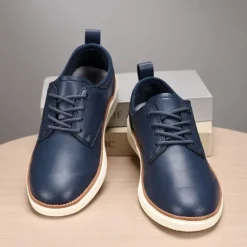 New OUKU Men's Navy Blue Leather Oxford Shoes – Classic Lace-Up Dress Shoes for Business & Formal Events