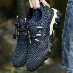 Best OUKU Men's Navy Blue Mesh Hiking Sneakers – Breathable Outdoor Running Shoes with Rugged Sole