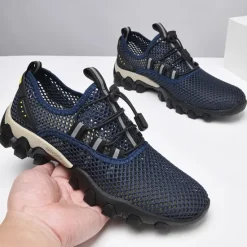 Best OUKU Men's Navy Blue Mesh Hiking Sneakers – Breathable Outdoor Running Shoes with Rugged Sole