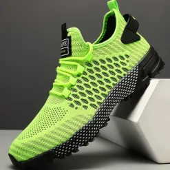 New OUKU Men's Neon Green Breathable Athletic Sneakers – Lightweight Mesh Running Shoes with Cushioned Sole