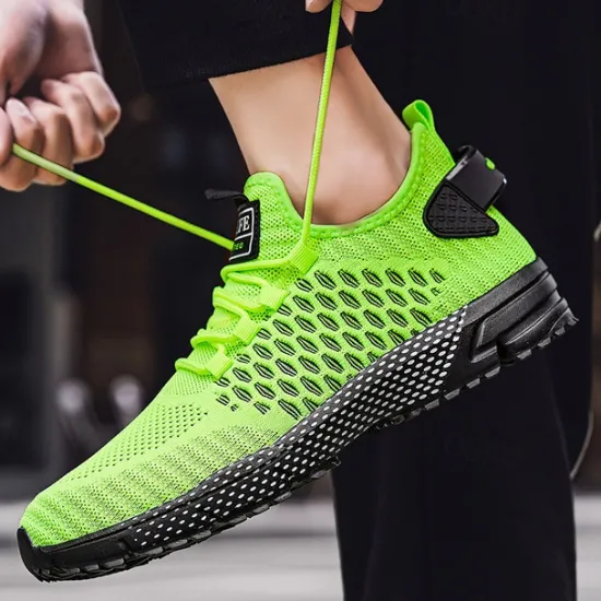 New OUKU Men's Neon Green Breathable Athletic Sneakers – Lightweight Mesh Running Shoes with Cushioned Sole
