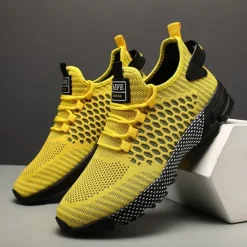 New OUKU Men's Neon Green Breathable Athletic Sneakers – Lightweight Mesh Running Shoes with Cushioned Sole