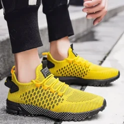 New OUKU Men's Neon Green Breathable Athletic Sneakers – Lightweight Mesh Running Shoes with Cushioned Sole