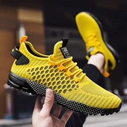 New OUKU Men's Neon Green Breathable Athletic Sneakers – Lightweight Mesh Running Shoes with Cushioned Sole