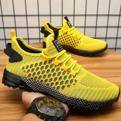 New OUKU Men's Neon Green Breathable Athletic Sneakers – Lightweight Mesh Running Shoes with Cushioned Sole