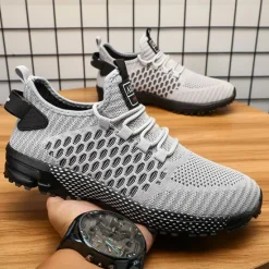 New OUKU Men's Neon Green Breathable Athletic Sneakers – Lightweight Mesh Running Shoes with Cushioned Sole