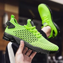 New OUKU Men's Neon Green Breathable Athletic Sneakers – Lightweight Mesh Running Shoes with Cushioned Sole