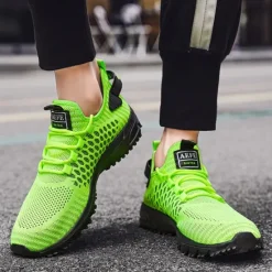New OUKU Men's Neon Green Breathable Athletic Sneakers – Lightweight Mesh Running Shoes with Cushioned Sole