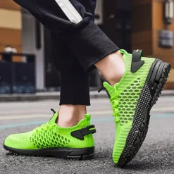 New OUKU Men's Neon Green Breathable Athletic Sneakers – Lightweight Mesh Running Shoes with Cushioned Sole