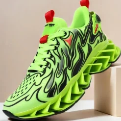 Online OUKU Men's Neon Green Flame Sneakers, Bold Wave Design with Breathable Upper and Cushioned Sole, Perfect for Streetwear and Active Lifestyle