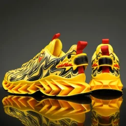 Online OUKU Men's Neon Green Flame Sneakers, Bold Wave Design with Breathable Upper and Cushioned Sole, Perfect for Streetwear and Active Lifestyle