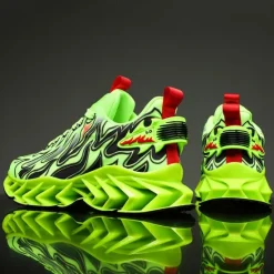 Online OUKU Men's Neon Green Flame Sneakers, Bold Wave Design with Breathable Upper and Cushioned Sole, Perfect for Streetwear and Active Lifestyle