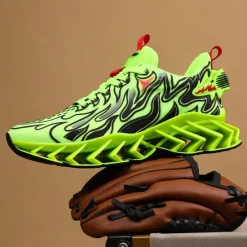 Online OUKU Men's Neon Green Flame Sneakers, Bold Wave Design with Breathable Upper and Cushioned Sole, Perfect for Streetwear and Active Lifestyle
