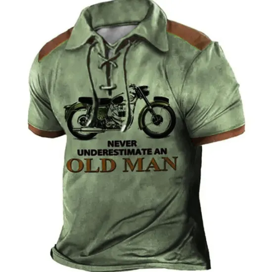 OUKU Men's Never Underestimate An Old Man With A Motorcycle Polo Shirt Golf Shirt Long Sleeve Shirt Turndown Outdoor Street Lake blue Blue Brown Green Clothing Apparel