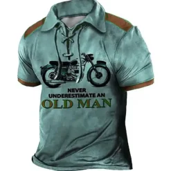 OUKU Men's Never Underestimate An Old Man With A Motorcycle Polo Shirt Golf Shirt Long Sleeve Shirt Turndown Outdoor Street Lake blue Blue Brown Green Clothing Apparel