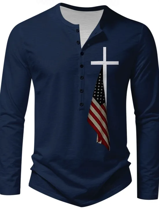 Discount OUKU Men's New Year Flag Long Sleeve Shirt Long Sleeve Print Daily Casual Daily Festival Spring & Fall Black Blue Green Light Grey Henley Henley T-Shirt