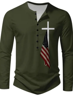 Discount OUKU Men's New Year Flag Long Sleeve Shirt Long Sleeve Print Daily Casual Daily Festival Spring & Fall Black Blue Green Light Grey Henley Henley T-Shirt