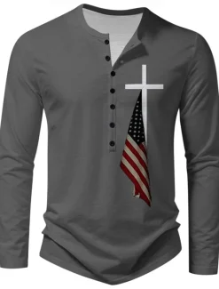 Discount OUKU Men's New Year Flag Long Sleeve Shirt Long Sleeve Print Daily Casual Daily Festival Spring & Fall Black Blue Green Light Grey Henley Henley T-Shirt