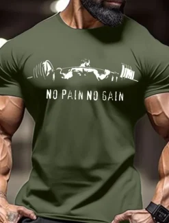 OUKU Men's No Pain No Gain Muscle T Shirt Tee Top 100% Cotton Short Sleeve Graphic Shirt Red Comfortable Tee Sports Outdoor Holiday Fashion Clothing