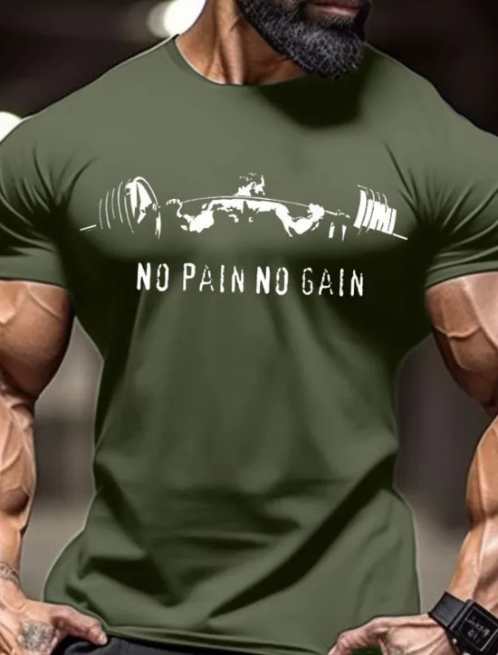OUKU Men's No Pain No Gain Muscle T Shirt Tee Top 100% Cotton Short Sleeve Graphic Shirt Red Comfortable Tee Sports Outdoor Holiday Fashion Clothing