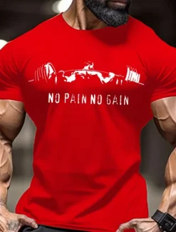 OUKU Men's No Pain No Gain Muscle T Shirt Tee Top 100% Cotton Short Sleeve Graphic Shirt Red Comfortable Tee Sports Outdoor Holiday Fashion Clothing