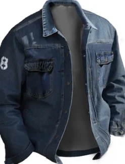 Online OUKU Men's Number Coat Jean Jacket Denim Jacket Breathable Comfortable Casual Sports & Outdoor Going out Weekend Buttons Print Fall & Winter Turndown Long Sleeve Black Blue