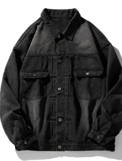 Online OUKU Men's Number Coat Jean Jacket Denim Jacket Breathable Comfortable Casual Sports & Outdoor Going out Weekend Buttons Print Fall & Winter Turndown Long Sleeve Black Blue