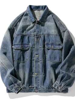 Online OUKU Men's Number Coat Jean Jacket Denim Jacket Breathable Comfortable Casual Sports & Outdoor Going out Weekend Buttons Print Fall & Winter Turndown Long Sleeve Black Blue