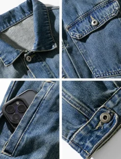 Online OUKU Men's Number Coat Jean Jacket Denim Jacket Breathable Comfortable Casual Sports & Outdoor Going out Weekend Buttons Print Fall & Winter Turndown Long Sleeve Black Blue