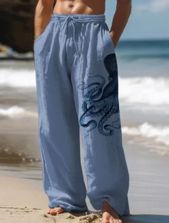 Hot OUKU Men's Octopus Linen Pants Pants Trousers Baggy Pants Mid Waist Vintage Outdoor Daily Wear Streetwear Side Pockets Elastic Drawstring Design Black White Blue