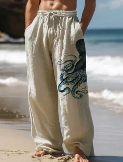 Hot OUKU Men's Octopus Linen Pants Pants Trousers Baggy Pants Mid Waist Vintage Outdoor Daily Wear Streetwear Side Pockets Elastic Drawstring Design Black White Blue
