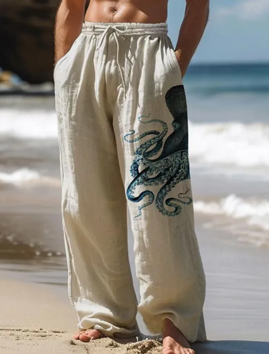 Hot OUKU Men's Octopus Linen Pants Pants Trousers Baggy Pants Mid Waist Vintage Outdoor Daily Wear Streetwear Side Pockets Elastic Drawstring Design Black White Blue